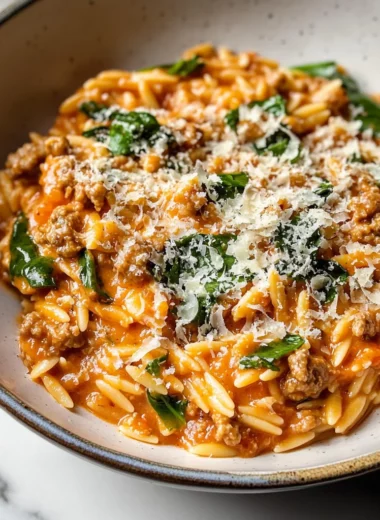 Ground Beef Orzo with Tomato Cream Sauce