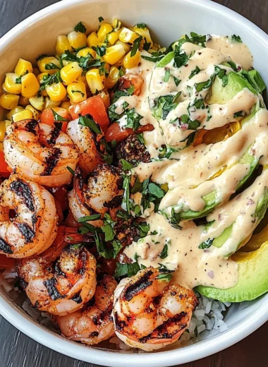 Grilled Shrimp Bowl with Avocado, Corn Salsa & Creamy Garlic Sauce