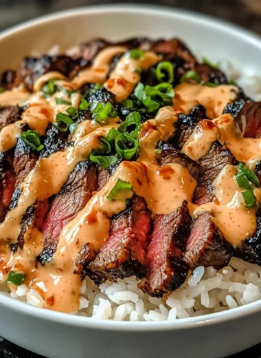 Korean BBQ Steak Rice Bowls with Spicy Cream Sauce