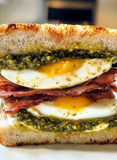 Pesto Eggs and Crispy Mortadella Sandwich