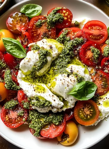 Burrata Caprese Salad with Heirloom Tomatoes & Basil Pesto