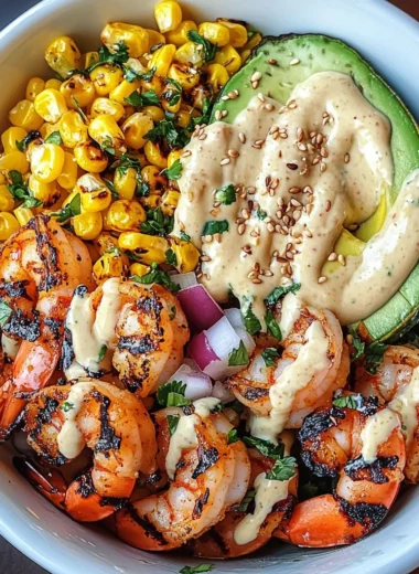 Grilled Shrimp Bowl with Avocado, Corn Salsa & Creamy Garlic Sauce