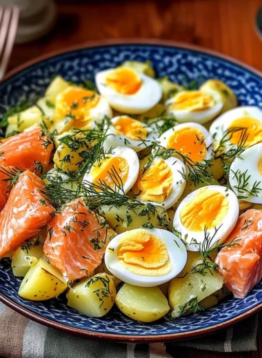 Russian Salmon Potato Salad Recipe with Soft-Boiled Eggs