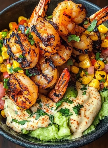 Grilled Shrimp Bowl with Avocado, Corn Salsa & Creamy Sauce