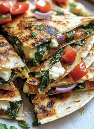 Mediterranean Quesadillas with Spinach, Feta, Mozzarella, and Red Onion