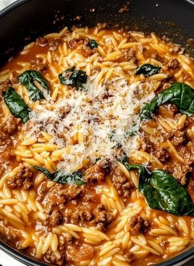 Hearty Ground Beef Orzo with Tomato Cream Sauce