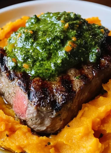 Steak with Green Sauce and Mashed Sweet Potatoes