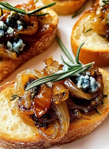 Caramelized Onion Crostini with Fig Jam and Blue Cheese