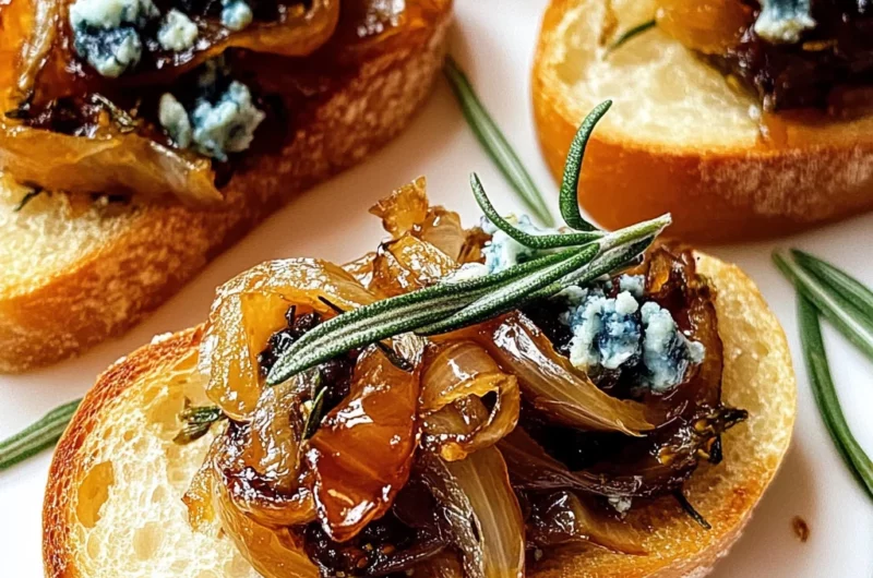 Caramelized Onion Crostini with Fig Jam and Blue Cheese