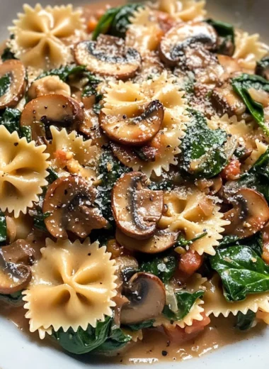 Farfalle Pasta with Spinach, Mushrooms, and Caramelized Onions