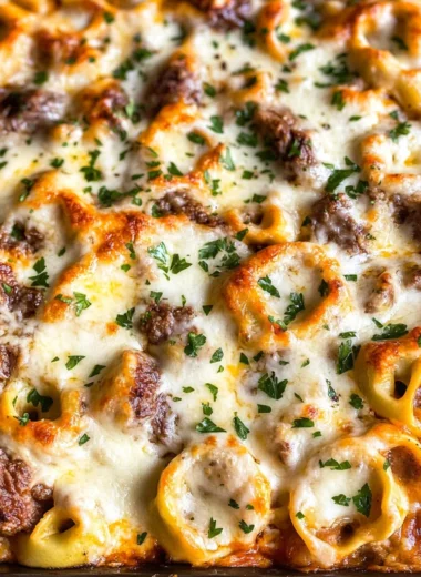 Golden Cheese Steak Tortellini Casserole