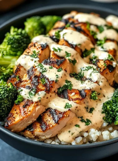 Grilled Chicken & Broccoli Bowls with Creamy Garlic Sauce