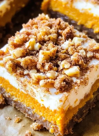 Pumpkin Cheesecake Bars with Walnut Crust and Streusel Topping