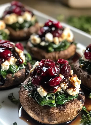 Balsamic-Glazed Cranberry & Goat Cheese Stuffed Mushrooms with Spinach
