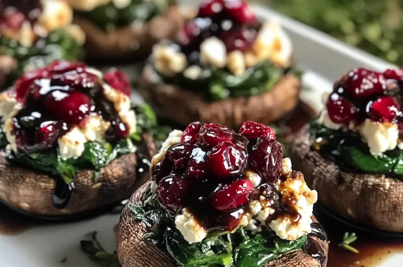 Balsamic-Glazed Cranberry & Goat Cheese Stuffed Mushrooms with Spinach