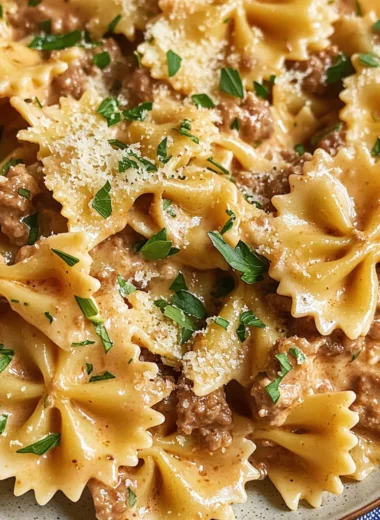 Creamy Parmesan Garlic Beef Bowtie Pasta