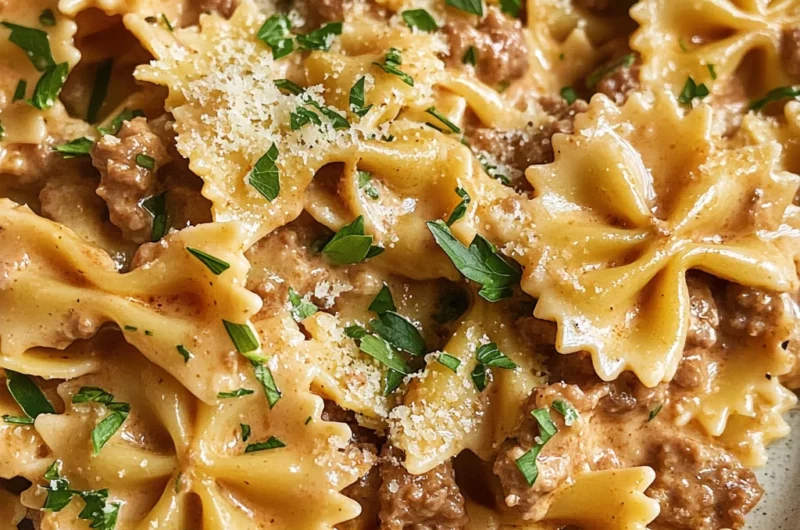 Creamy Parmesan Garlic Beef Bowtie Pasta