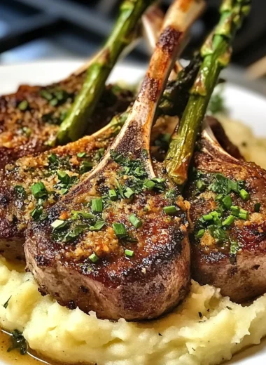 Herb-Crusted Lamb Chops with Mashed Potatoes and Asparagus
