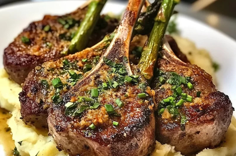 Herb-Crusted Lamb Chops with Mashed Potatoes and Asparagus