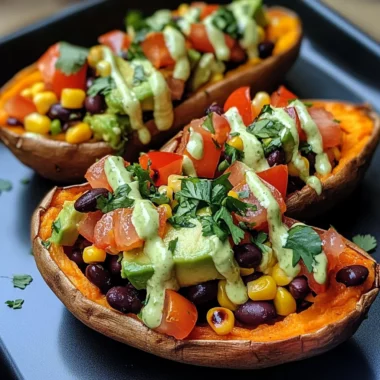 Stuffed Sweet Potato with Avocado, Black Beans & Cilantro Lime Crema