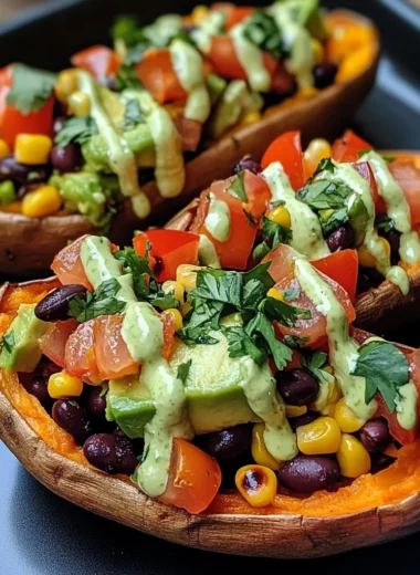 Stuffed Sweet Potato with Avocado, Black Beans & Cilantro Lime Crema