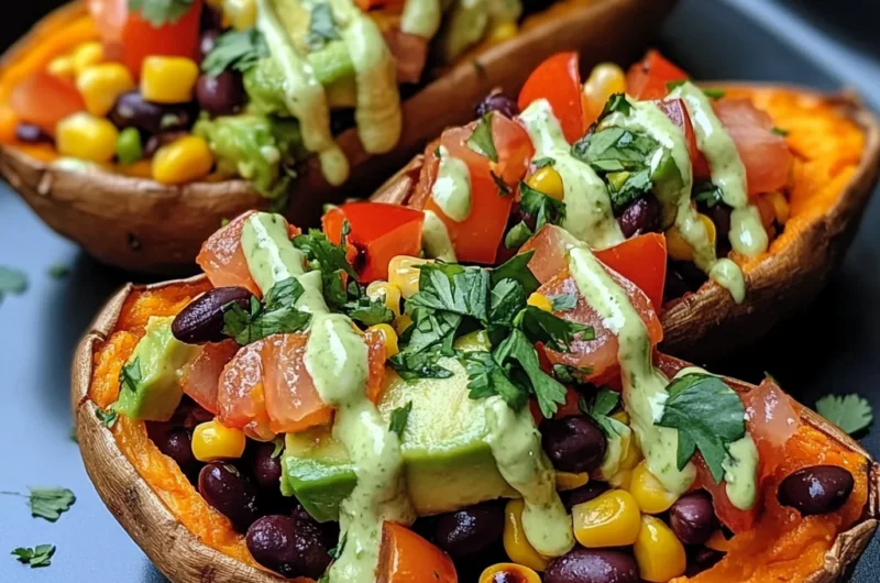 Stuffed Sweet Potato with Avocado, Black Beans & Cilantro Lime Crema