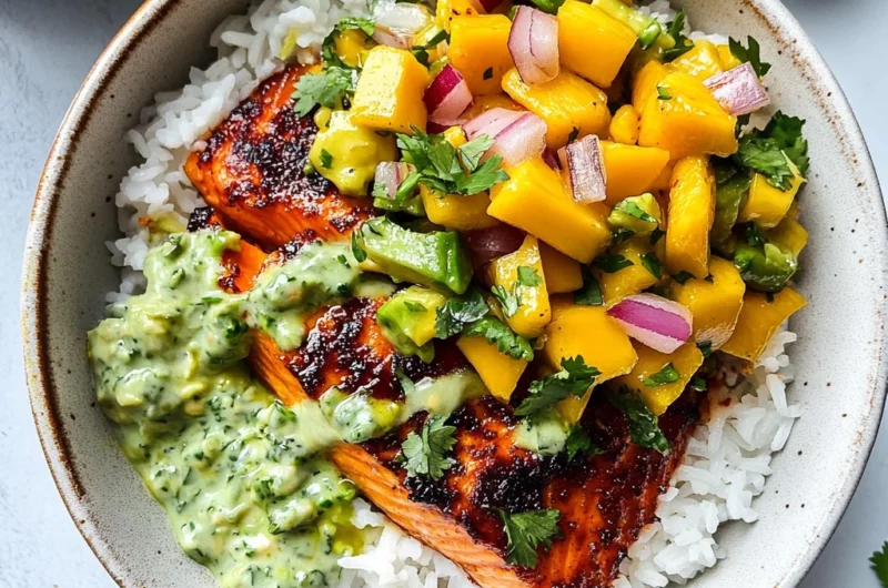 BBQ Salmon Bowls with Mango Avocado Salsa