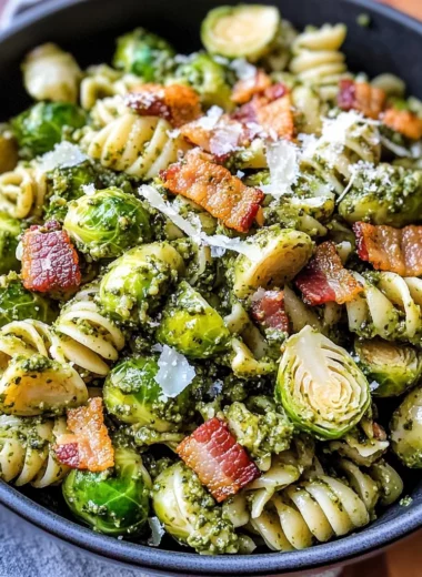 Brussels Sprouts and Bacon Pesto Pasta