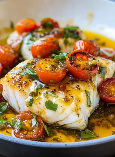 Pan-Seared Cod in White Wine Tomato Basil Sauce