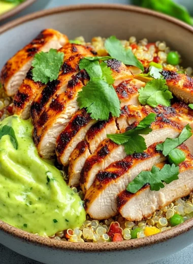 Grilled Chicken Quinoa Bowls with Avocado Sauce Delight!