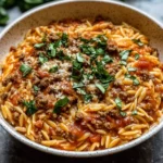 Ground Beef Orzo with Tomato Cream Sauce and Fresh Basil
