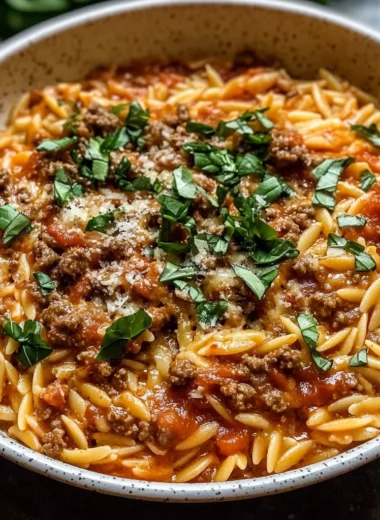 Ground Beef Orzo with Tomato Cream Sauce and Fresh Basil