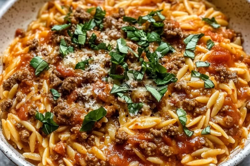 Ground Beef Orzo with Tomato Cream Sauce and Fresh Basil