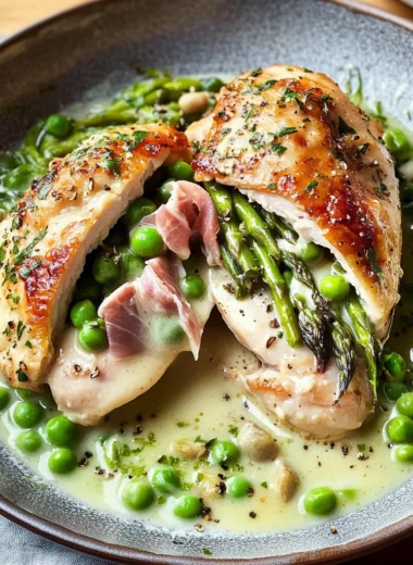 Fontina & Prosciutto Stuffed Chicken with Spring Vegetables