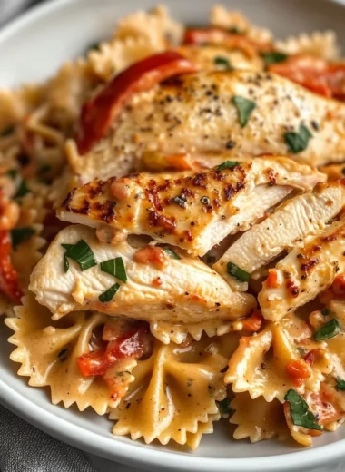 Parmesan Roasted Red Pepper Chicken Bowties in Garlic Cream