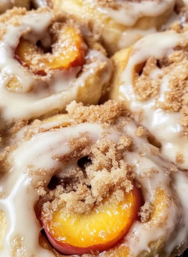 Peach Cobbler Cinnamon Rolls with Crumb Topping
