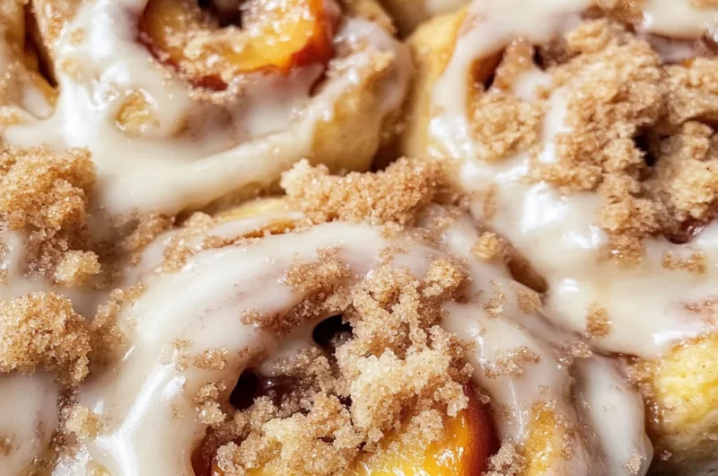 Peach Cobbler Cinnamon Rolls with Crumb Topping