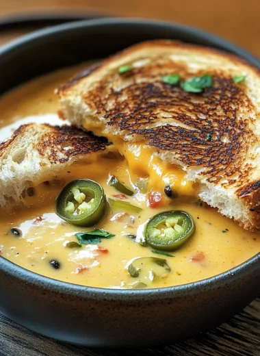 Spicy Jalapeño Popper Soup with Grilled Cheese Dippers