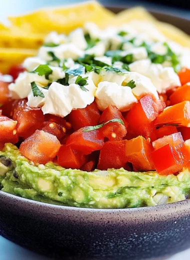 Triple Layer Guacamole Creamy Cotija and Confetti Salsa Party Dip