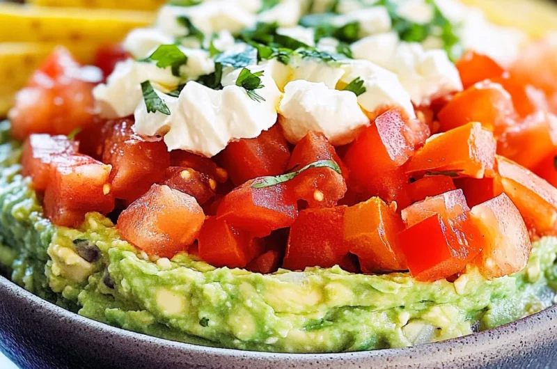 Triple Layer Guacamole Creamy Cotija and Confetti Salsa Party Dip