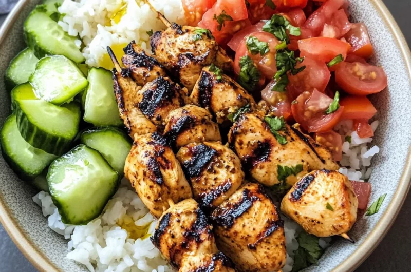 Mediterranean Bowl with Grilled Chicken Tawook Skewers