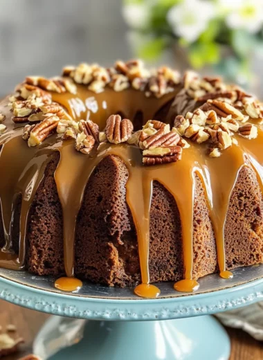 Toffee Pecan Bundt Cake with Caramel Drizzle