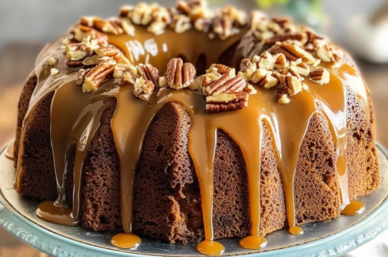 Toffee Pecan Bundt Cake with Caramel Drizzle