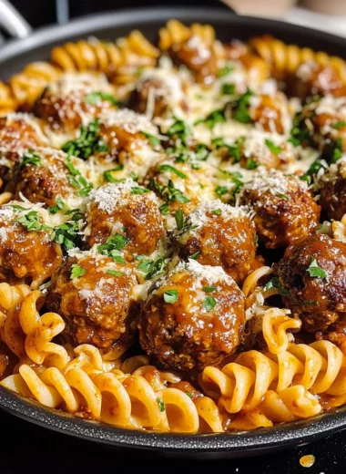 Cheesy One-Pan Honey BBQ Meatball Pasta