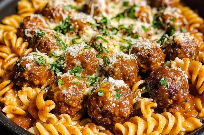 Cheesy One-Pan Honey BBQ Meatball Pasta