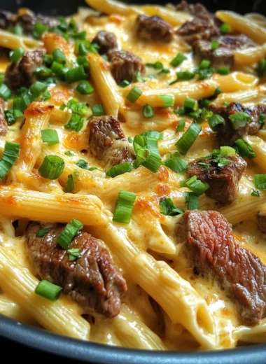 One Pan Bold Buffalo White Cheddar Steak Pasta