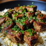 One Skillet Garlic Butter Steak Bites and Rice