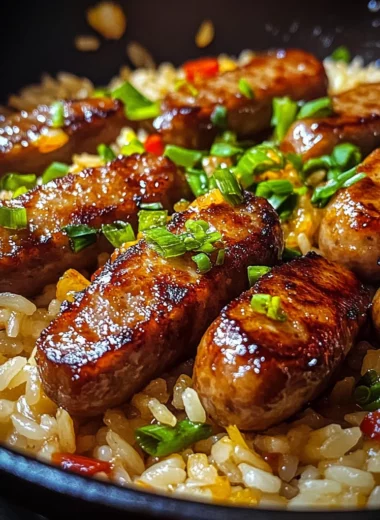 Sticky Garlic Butter Sweet Chili Sausage Rice Skillet