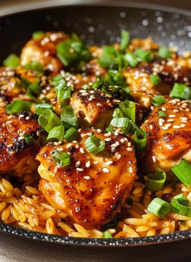 Sticky Sweet Garlic Butter Chili Chicken Orzo Skillet