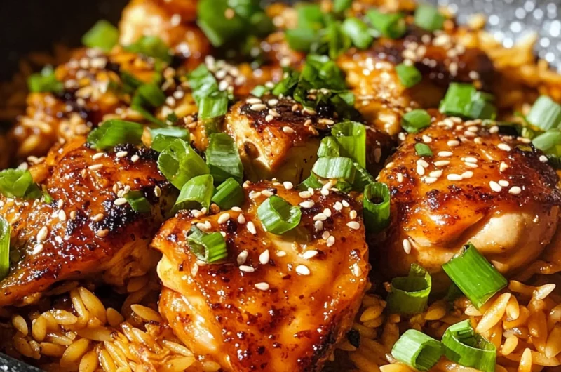 Sticky Sweet Garlic Butter Chili Chicken Orzo Skillet